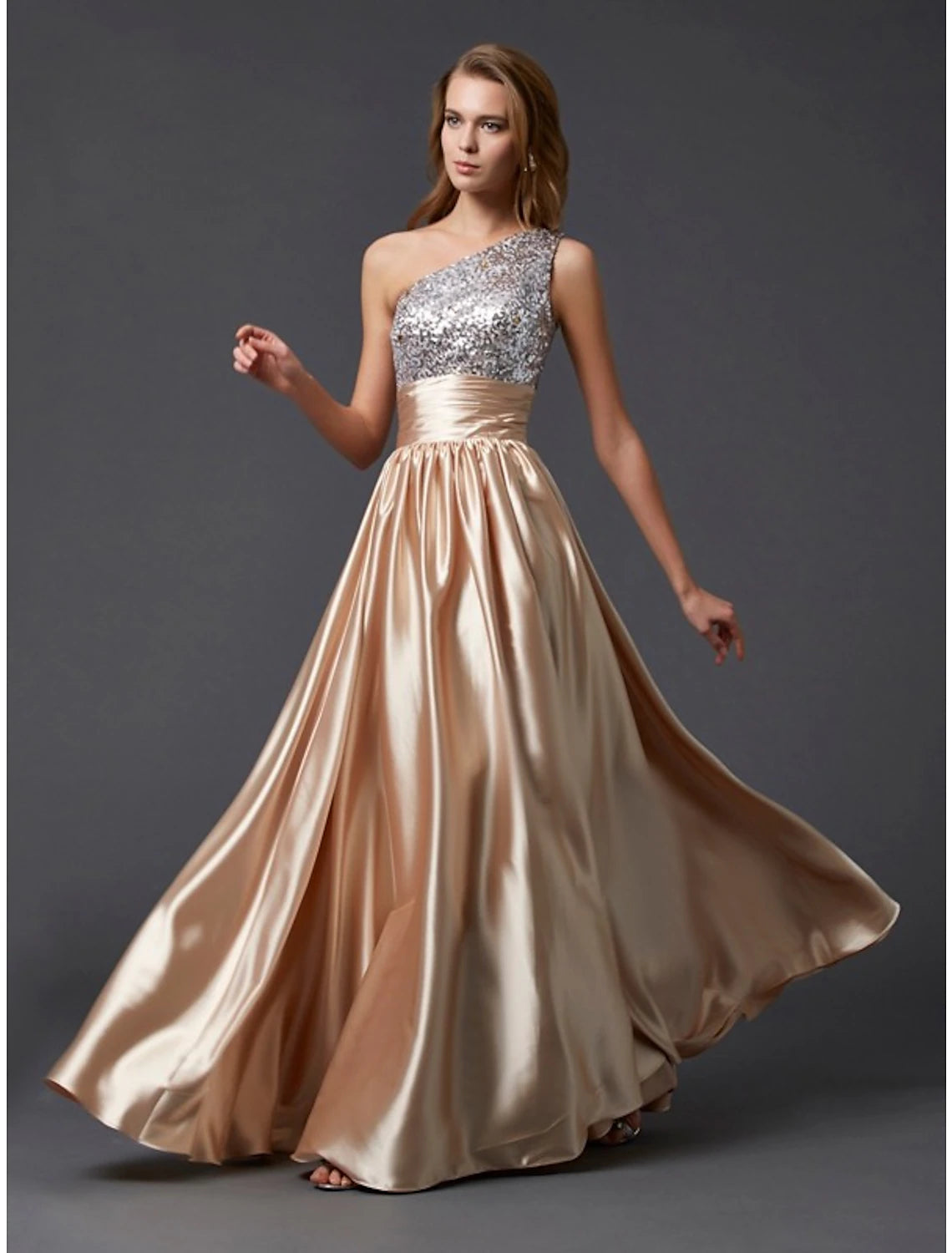 Wholesale  A-Line Prom Dresses Sparkle & Shine Dress Party Wear Wedding Party Floor Length Sleeveless One Shoulder Charmeuse with Pleats Sequin